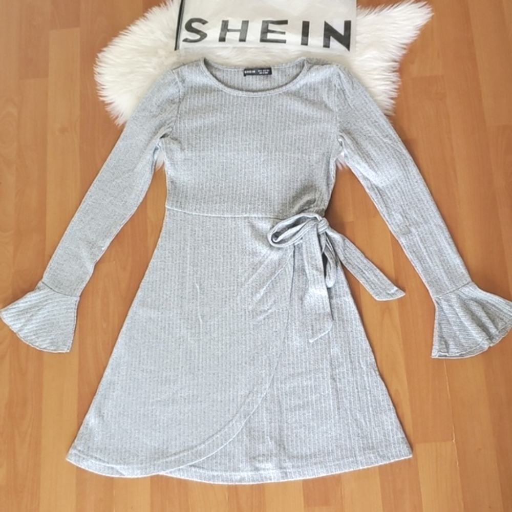 New Shein gray ribbed tie sweater dress sz XS
